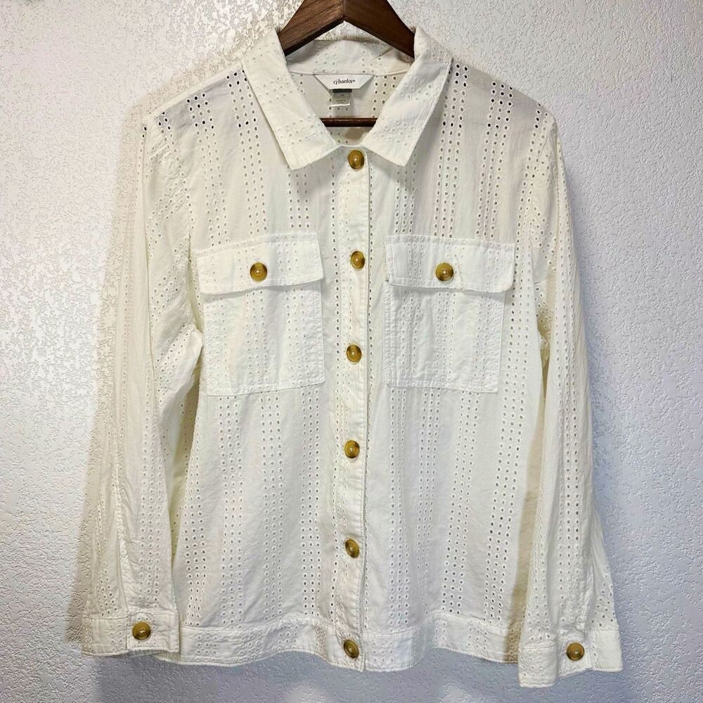 CJ Banks Women's 1X Plus White Eyelet Cotton Button Up Collared Shirt Pockets